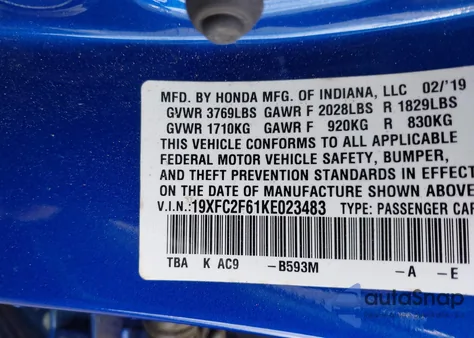 2019 Honda Civic Lx z USA, uszkodzony, nr VIN 19XFC2F61KE023483
